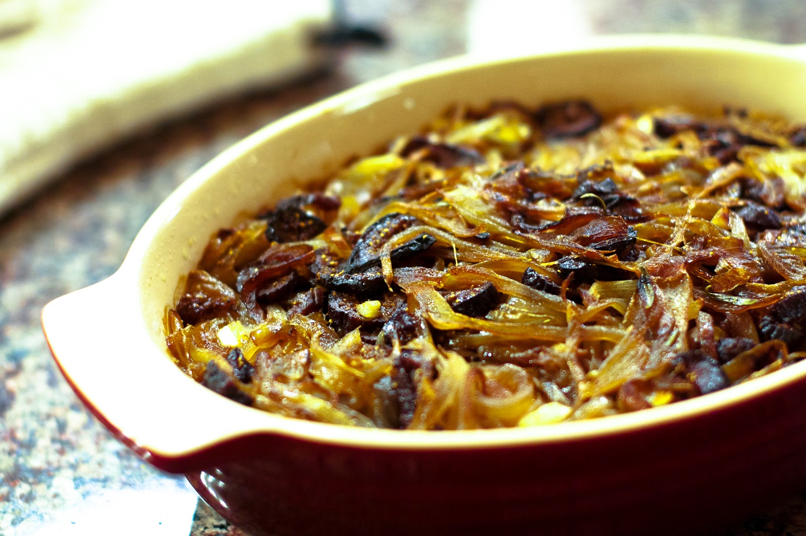 Baked goat cheese dip with caramelized onions and California figs