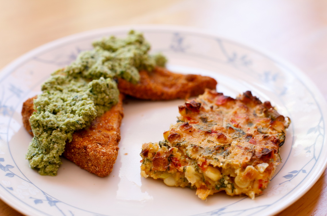 go vegan meow! Chili Cornmeal Crusted Tofu with Corn Pudding and Green