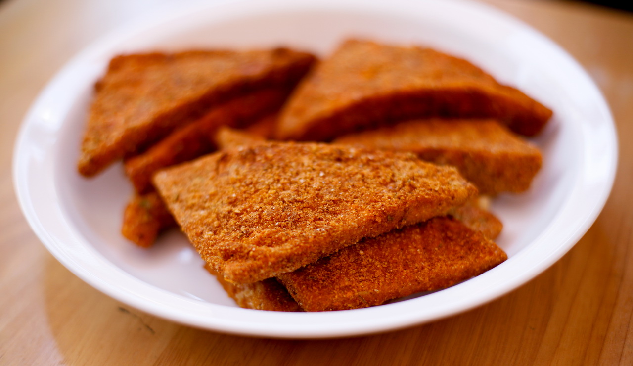 go vegan meow! Chili Cornmeal Crusted Tofu with Corn Pudding and Green