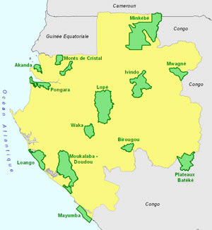Mapa con los parques nacionales de Gabón