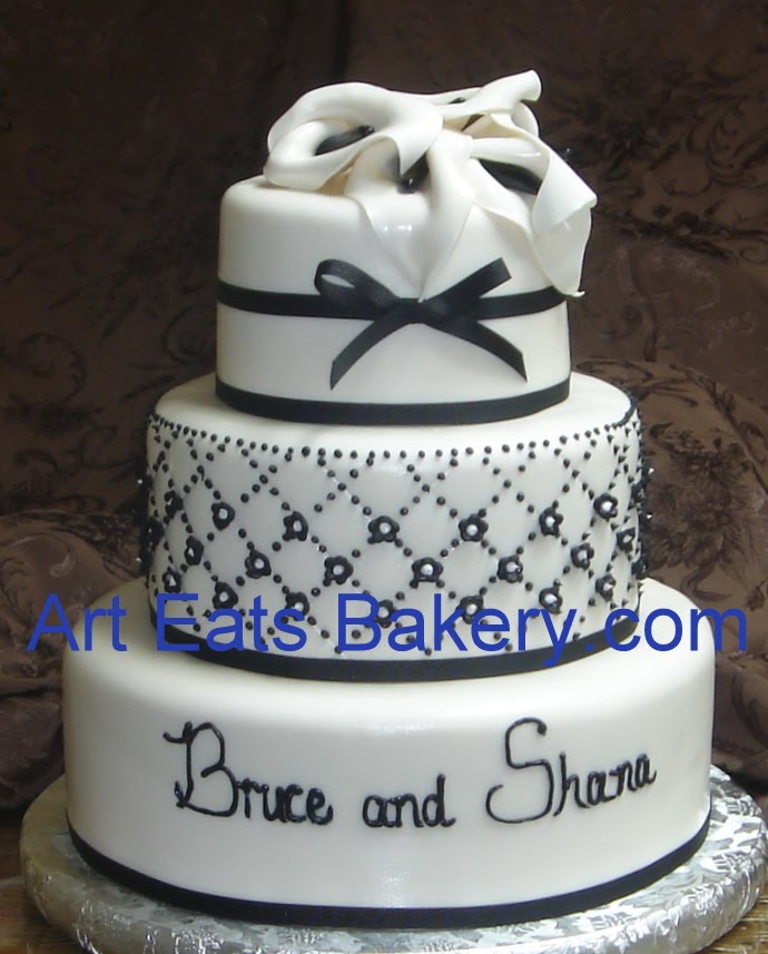 Black and white custom three tier custom ribbons quilting and calla lillies