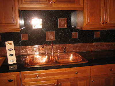 backsplash kitchen copper steampunk cabinets tiles tin granite dark counters kitchens bump countertops stands against really tile sink