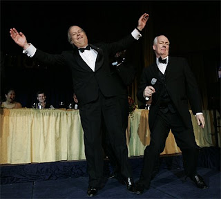 Karl Rove, traitor, doing his imitation of Hip-hop. Out of sight to the left is NBC White House correspondent David Gregory, dancing like a typical 'white' guy, which he is.