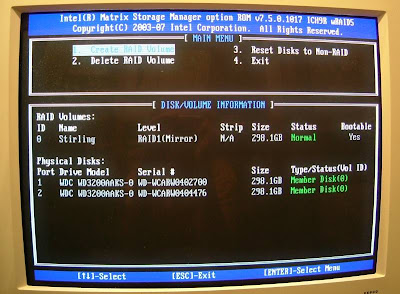 Initial RAID Screen in Intel Bios