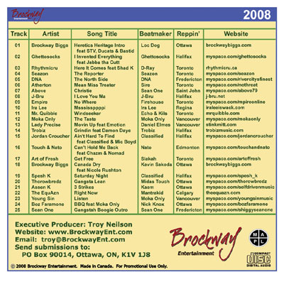 Brockway Ent - 2008 Canadian Rap Future Superstars Compilation back cover brockway entertainment 2008 canadian rap future superstars compilation back cover and tracklist