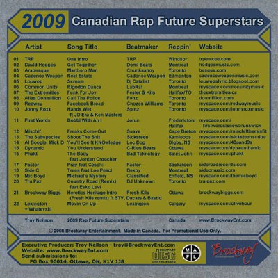 Brockway Ent - 2009 Canadian Rap Future Superstars Compilation back cover brockway entertainment 2009 canadian rap future superstars compilation back cover