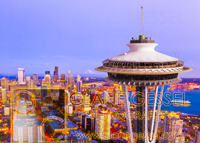 Seattle skyline aerial photo from a helicopter with the space needle and cityscape