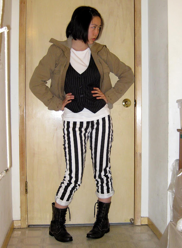 black and white vertical striped pants & steven by steve madden lace-up boots