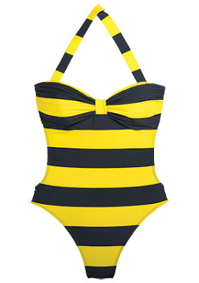 navy blue and yellow striped one-piece bandeau swimsuit from delias