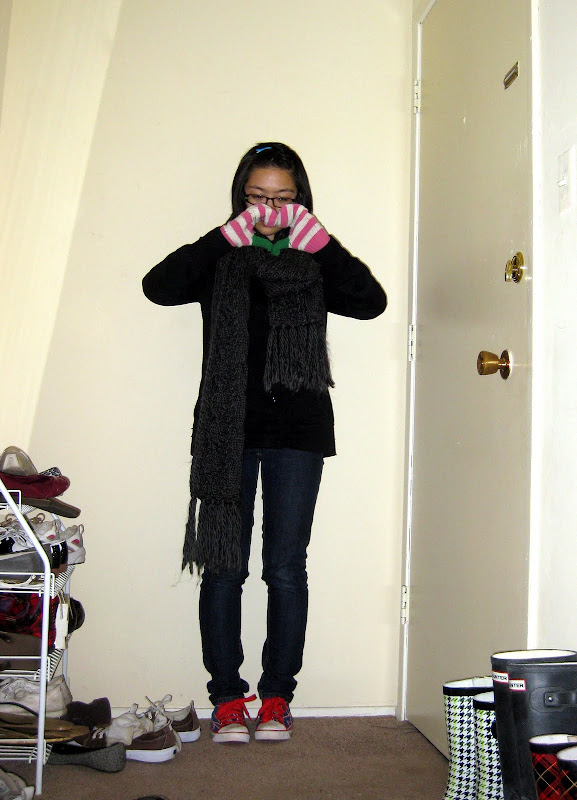 chunky scarf, J. Crew mittens, ready for late night paper-writing