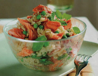 Salmon with Rice Pilaf, Bacon, Peas & Mint
