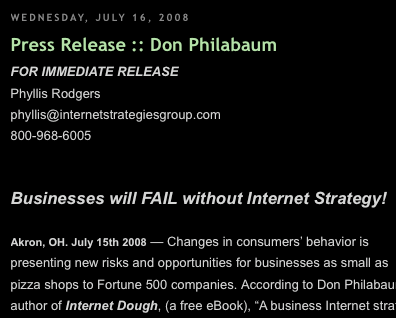 Press Release on eBook Internet Dough