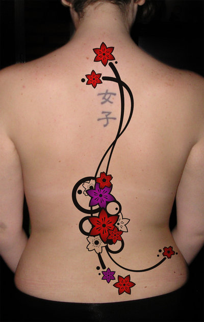Winged dragon spine tattoo. With an obligatory Kanji character.