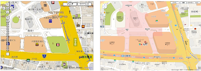 2005年当時と現在 2010年のGoogle マップのデザインを示す画像。
