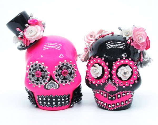 Fuchsia pink Black and silver Black skull has pink roses and white pearl Fuchsia pink Black and silver Black skull has pink roses and white pearl
