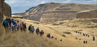 Ice Age Floods Institute members hiking in the Palouse River Canyon.