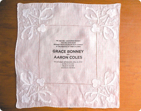 This wedding invite is looking pretty on a vintage handkerchief