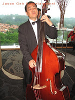 Double bass or acoustic bass player performing live