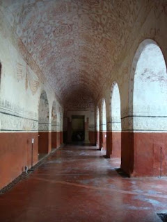 Tepoztlán, Morelos Convent's Cloister, there are frescoes all over the ceilings and edgings on all the walls, 17th century