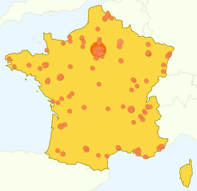 Carte des lieux de connexion des visiteurs français du blog du 22 avril au 22 mai 2008