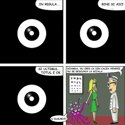 Un control la ochi pentru un extraterestru comic banda desenata O fata merge la oftalmolog cu monstruletul ei extraterestu pentru un control la ochi nedumerita ca monstrul nu se descurca la scoala