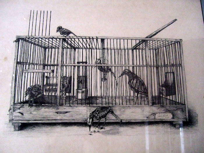 (Rodolfo Orecchio) China su cartoncino 40x50 dal titolo "Uccelli in gabbia" (Rodolfo Orecchio)