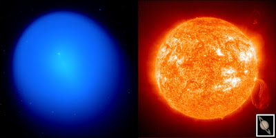 A gauche, la comète Holmes photographiée au télescope CFHT de 3.6m d'Hawaii présente une coma de 1.4 millions de km. Le petit point blanc central est le noyau de la comète. A droite, le Soleil et Saturne à la même échelle. Documents IfA, SOHO et NASA.