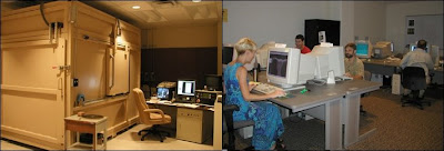 A gauche le scanner CAT, à droite le laboratoire d'analyse d'image de l'Université du Texas à Austin.