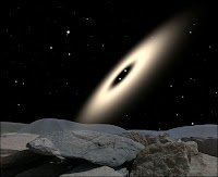 Représentation artistique du système V4046 Sag vu depuis un hypothétique astéroïde distant. Document David A. Aguilar/CfA.