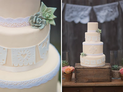 Peach wedding cake with fondant succulents and papel picado by Erica OBrien | Hamden, CT