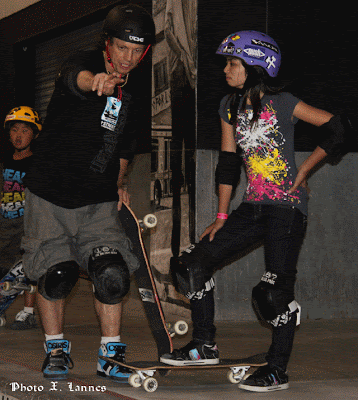 Allysha Bergado in front of the Combi pool at Vans Skatepark with Tony Magnusson (the Boss of H Street & Osiris) for I Skate Therefore I Am