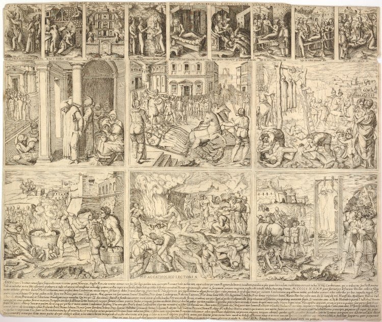 Nicolas Beatrizet (ca 1507-ca 1573) etter Niccol&#242; Circignani: Horibilis Damnatio Praeclarissimi Doctoris Apvd Parisios Et Salvberrima Cartvsianae Vinae Origo / Pio Ac Catholico Lectori / Anno post Christum natum 1564, The British Museum, London