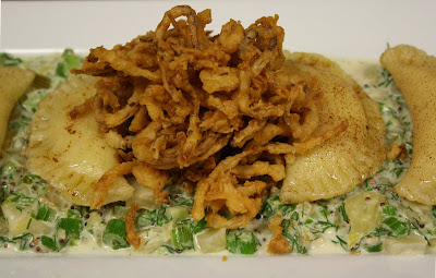 Potato an Taleggio Cheese Perogies with Creamed Fennel and Crispy Fried Shallots