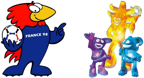 World Cup mascots in France and South Korea/Japan. 1998 France (Footix) 2002 