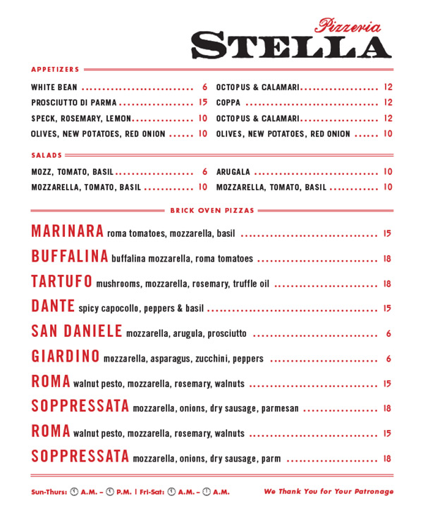 pizzeria stella draft opening menu
