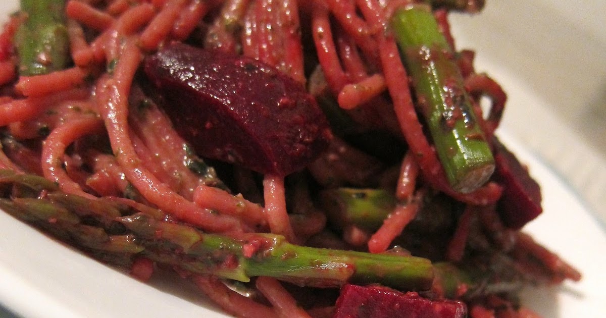 Migrant Kitchen Pink Pesto Pasta with Beets, Asparagus, and Goat Cheese