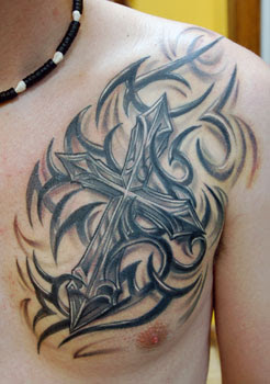 Tribal cross tattoo designs in chest