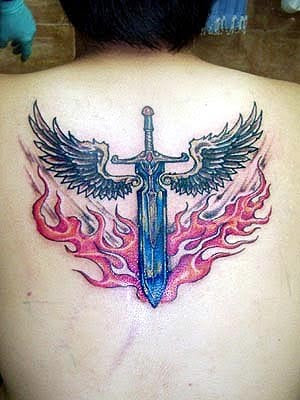 upper back tattoos for men · wings swords tattoos-fleme tattoos-fire tattoo