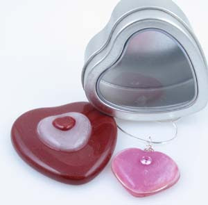 fused glass heart paperweight and pink necklace