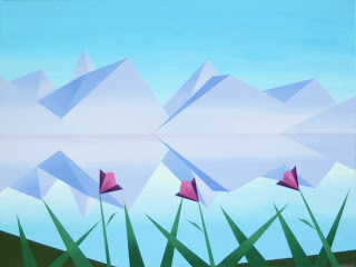 daily painters, daily paintings, Abstract Mountain Lake Reflection with Flowers Painting #2 - Daily Painting Blog - Original Oil and Acrylic by Artist Mark Webster