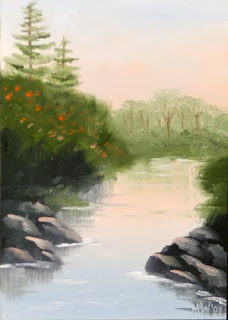 Daily Painter - Lakeside Cove with Pine Trees Landscape Painting - Original Oil and Acrylic Art - Painting a Day by California Artist Mark A. Webster