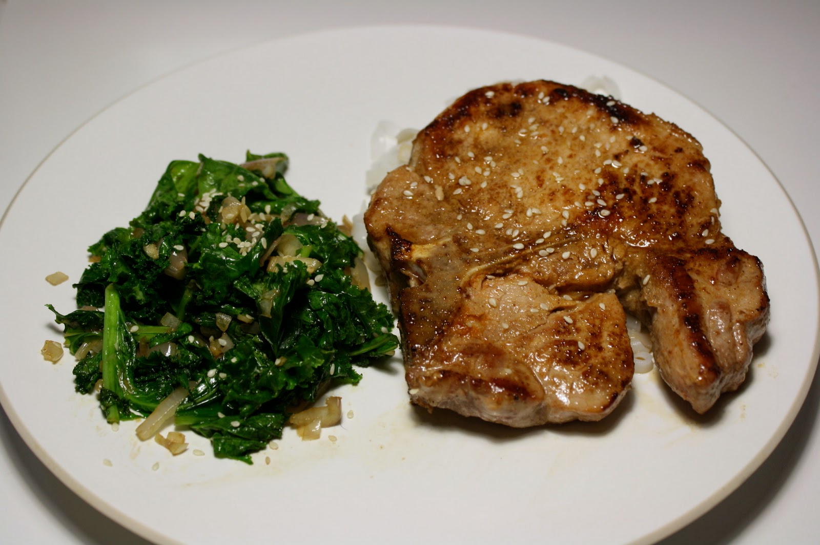 Sriracha Marinated Pork Chop with Asian Kale The Carnivore and the Vegetarian