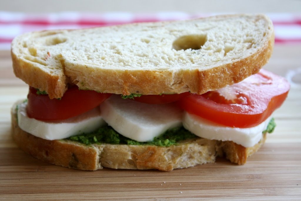 Mango & Tomato Tomato, Mozzarella, Garlic Scape Pesto Sandwich