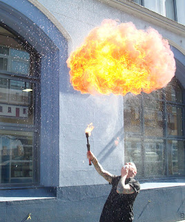 More fire breathing action outside Belfast's Black Box at the launch of the tenth Cathedral Quarter Arts Festival