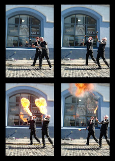 Montage of time-lapsed photos of fire breathers outside the Black Box at the launch of the tenth Cathedral Quarter Arts Festival in Belfast