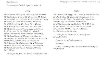 snippet from Hansard showing Justice Bill voting (c) Northern Ireland Assembly Commission 2009