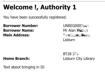 Screenshot from end of Libraries NI online registration process - with missing text and incorrect mapping of forenames to the welcome text
