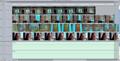 screen shot of Final Cut Express edit timeline showing use of opacity to cut between synchronise shots