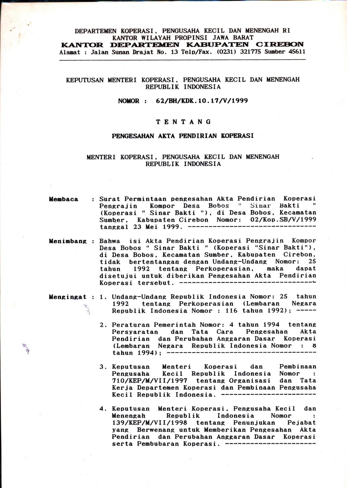 KOPERASI SINAR BAKTI PENGESAHAN AKTA PENDIRIAN KOPERASI
