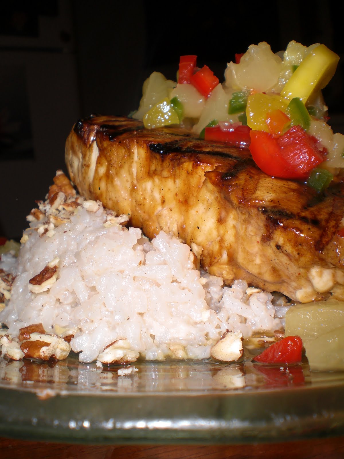 Mommypants! Citrus Swordfish with mango salsa and coconut rice